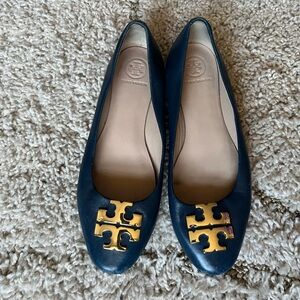 Tory Burch Navy Leather Ballet Flats with Gold Logo Emblems